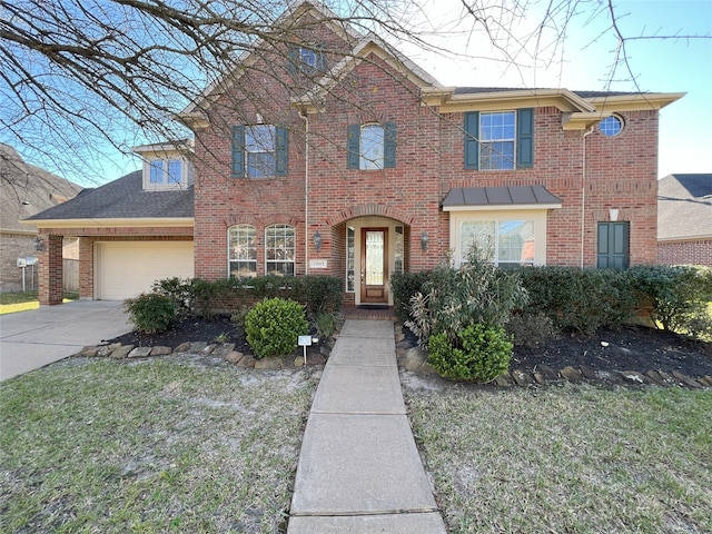 view of front facade featuring brick siding, an attached garage, concrete driveway, and a shingled roof