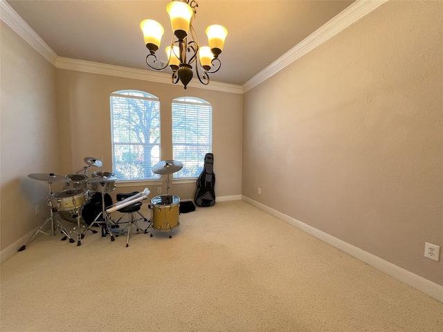 unfurnished office featuring a chandelier, crown molding, baseboards, and carpet floors