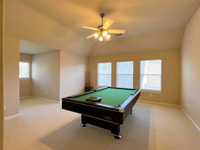 game room with visible vents, carpet floors, baseboards, and vaulted ceiling