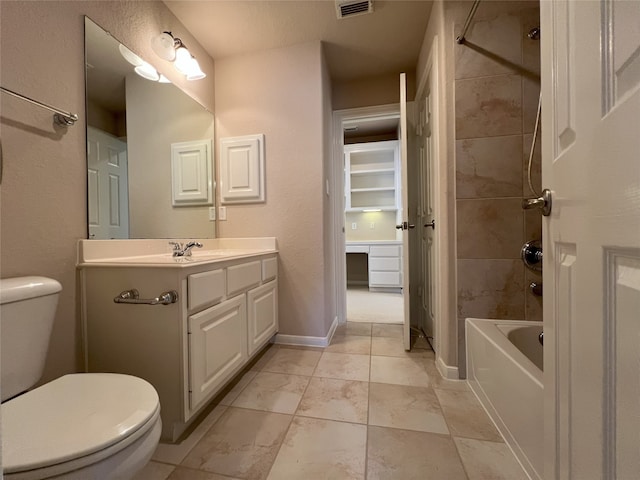 full bathroom featuring visible vents, tub / shower combination, baseboards, toilet, and vanity