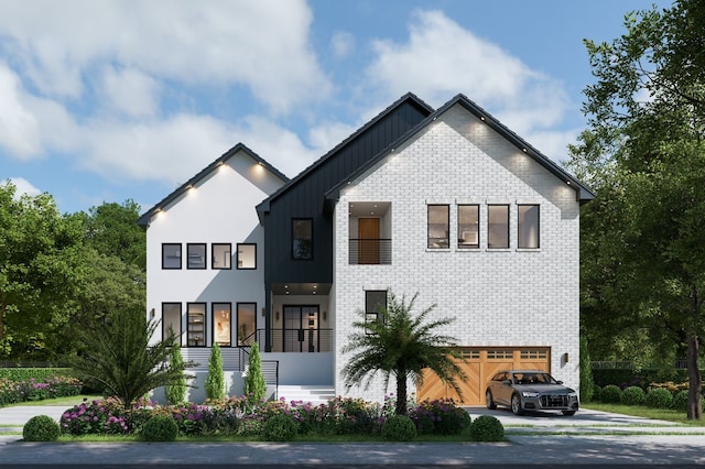 modern inspired farmhouse featuring brick siding, board and batten siding, driveway, and a garage