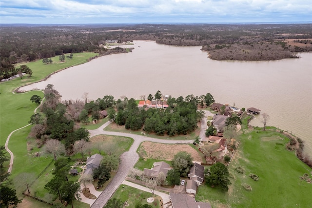 bird's eye view featuring a wooded view and a water view