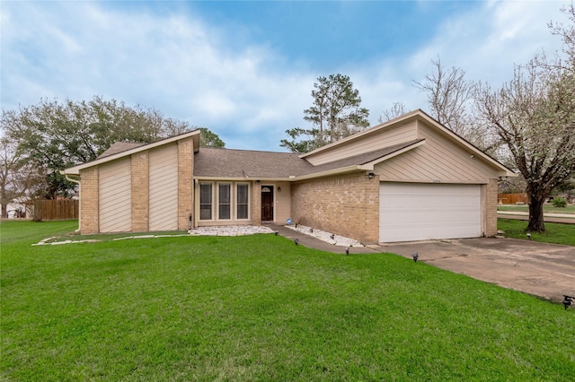 mid-century modern home featuring concrete driveway, an attached garage, brick siding, and a front yard