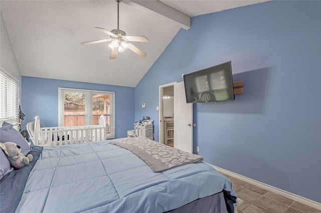 bedroom featuring vaulted ceiling with beams, baseboards, tile patterned floors, a textured ceiling, and a ceiling fan