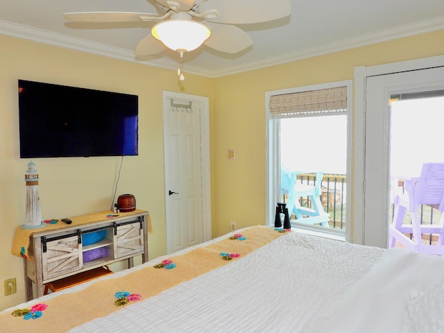 bedroom with a ceiling fan, crown molding, and access to outside