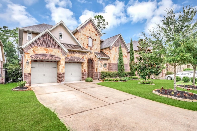 view of front of house featuring driveway, a standing seam roof, stucco siding, a front lawn, and metal roof