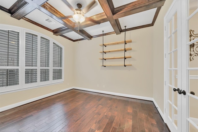 unfurnished room with visible vents, beamed ceiling, dark wood-type flooring, coffered ceiling, and baseboards