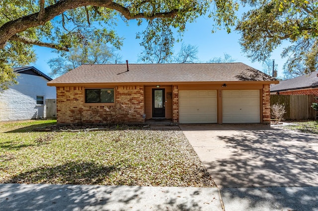 ranch-style house featuring fence, driveway, a shingled roof, a garage, and brick siding