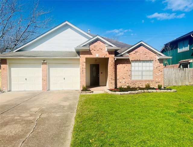 ranch-style house featuring brick siding, fence, a front yard, a garage, and driveway