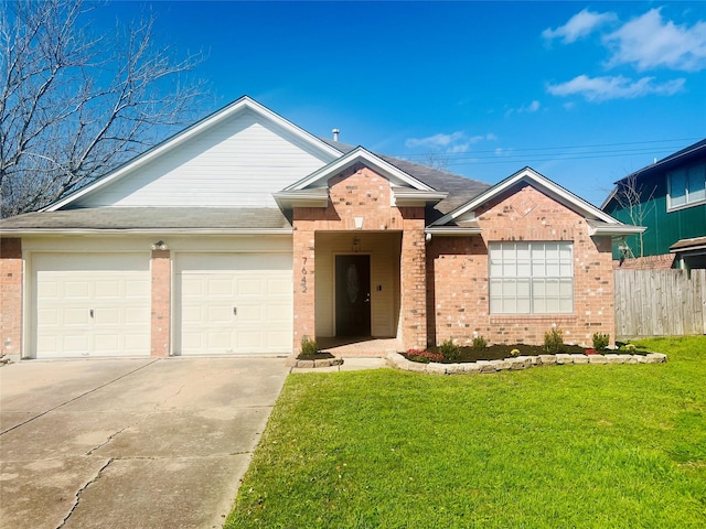 single story home with brick siding, fence, concrete driveway, a front yard, and an attached garage