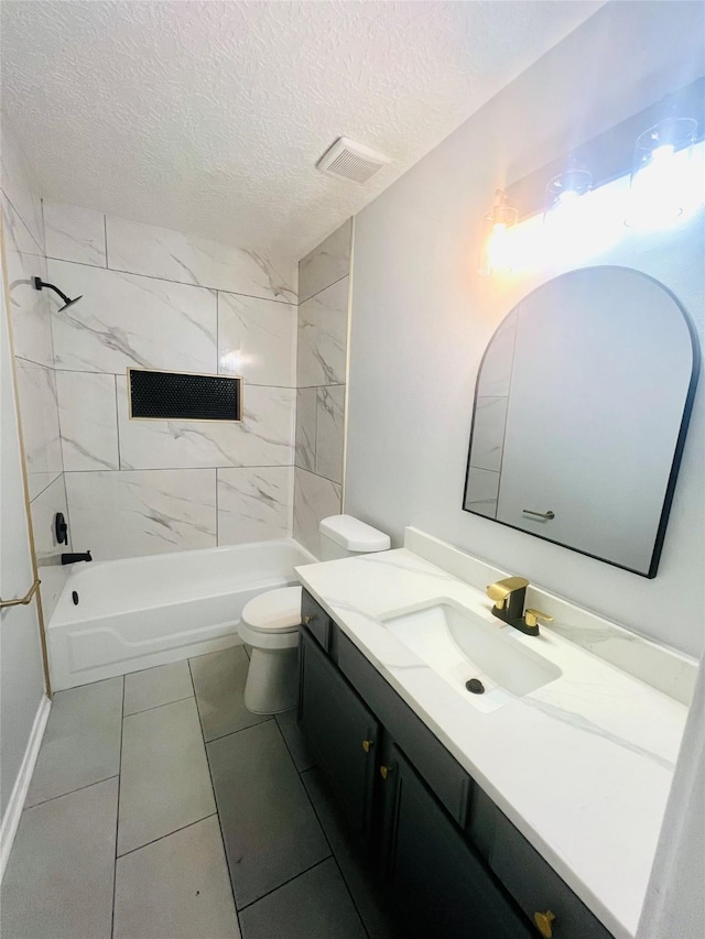 full bathroom with vanity, visible vents, a textured ceiling, shower / bathing tub combination, and toilet