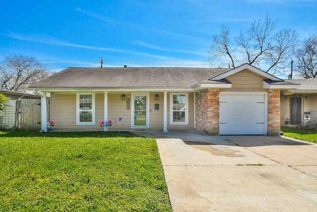 ranch-style home with driveway, fence, an attached garage, a front yard, and brick siding