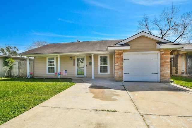 single story home with brick siding, a front lawn, covered porch, a garage, and driveway