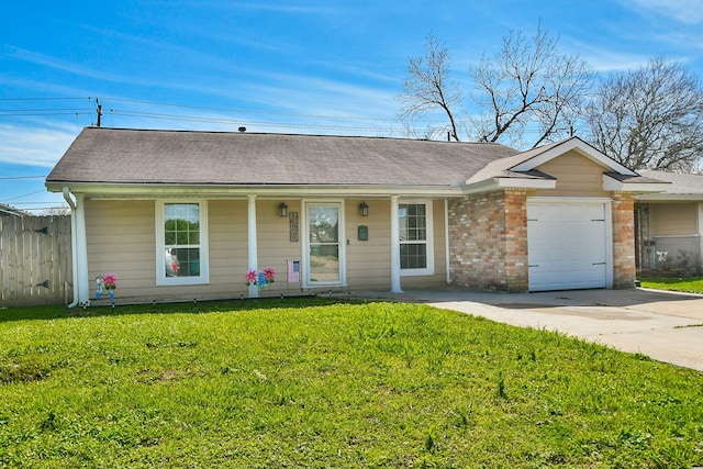 single story home with a front lawn, driveway, fence, a garage, and brick siding