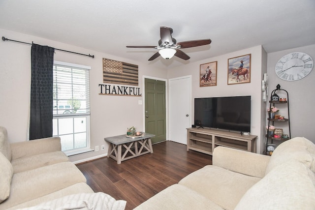 living area featuring wood finished floors and ceiling fan