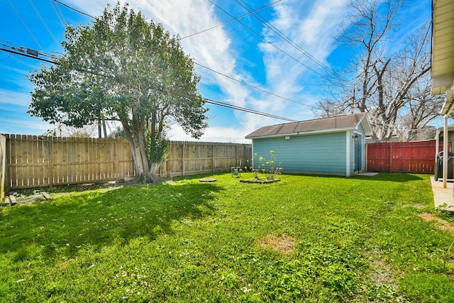 view of yard with an outbuilding and a fenced backyard