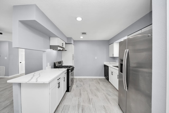 kitchen featuring baseboards, visible vents, under cabinet range hood, appliances with stainless steel finishes, and white cabinetry