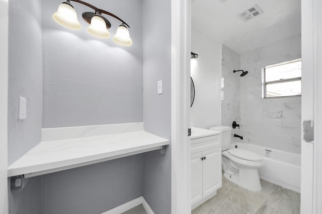 full bath featuring vanity, visible vents,  shower combination, toilet, and marble finish floor