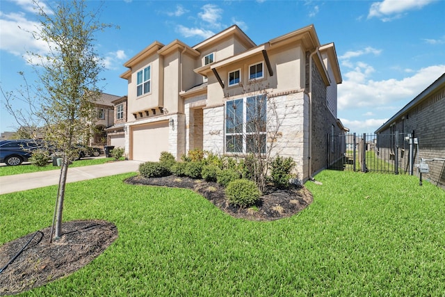 view of front of property featuring a front lawn, fence, stucco siding, stone siding, and driveway