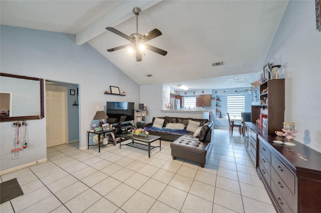 living area with visible vents, beam ceiling, a ceiling fan, light tile patterned floors, and baseboards