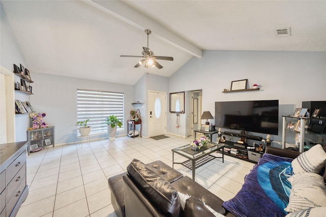 living area with light tile patterned floors, baseboards, visible vents, lofted ceiling with beams, and ceiling fan