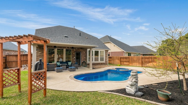 view of swimming pool with a patio area, an outdoor living space, a pergola, and a fenced backyard