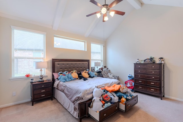 bedroom with baseboards, beam ceiling, light colored carpet, and high vaulted ceiling