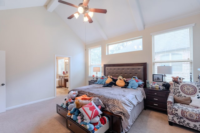 bedroom featuring connected bathroom, baseboards, beamed ceiling, light colored carpet, and high vaulted ceiling