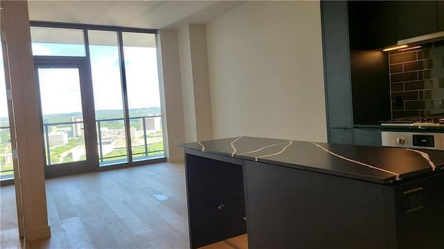 interior space featuring dark cabinetry, decorative backsplash, floor to ceiling windows, light wood-style floors, and dark countertops