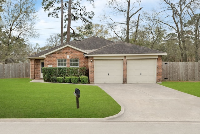 single story home featuring a front lawn, concrete driveway, fence, and brick siding