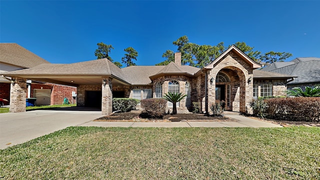 view of front of house with a front yard, roof with shingles, driveway, a chimney, and brick siding