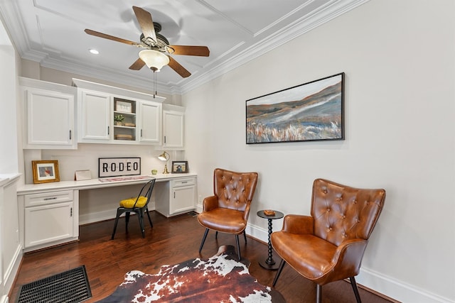 1214 Heights Blvd, Houston, TX 77008 - living area featuring baseboards, dark wood-style floors, built in desk, and ornamental molding
