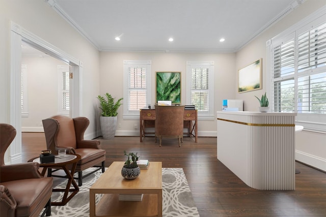 1214 Heights Blvd, Houston, TX 77008 - home office featuring baseboards, dark wood-type flooring, and crown molding