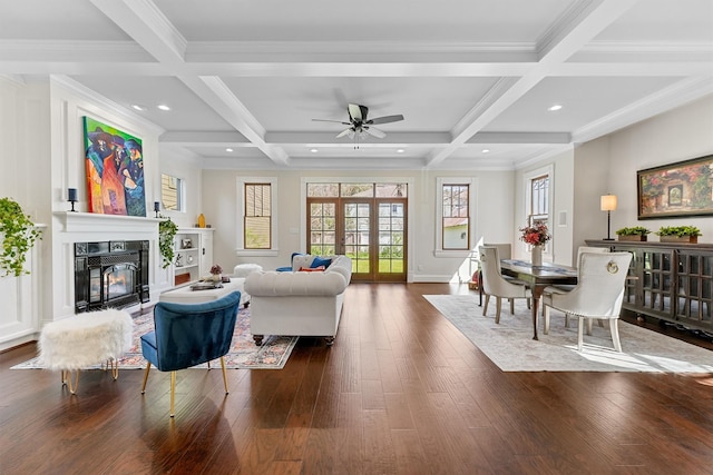 1214 Heights Blvd, Houston, TX 77008 - living room with coffered ceiling, beam ceiling, recessed lighting, dark wood-style flooring, and french doors