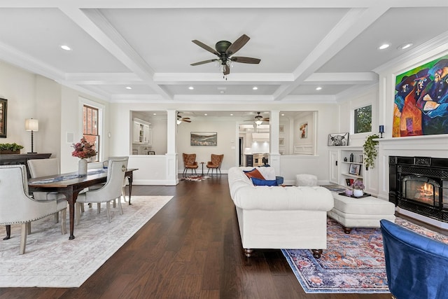 1214 Heights Blvd, Houston, TX 77008 - living room with a glass covered fireplace, beamed ceiling, coffered ceiling, and dark wood finished floors