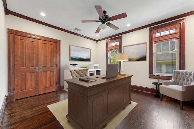 1214 Heights Blvd, Houston, TX 77008 - office with dark wood finished floors, crown molding, baseboards, and visible vents