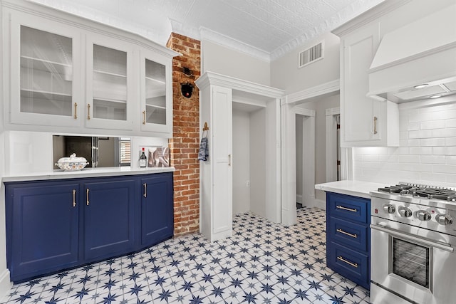 1214 Heights Blvd, Houston, TX 77008 - kitchen with high end stainless steel range oven, custom range hood, blue cabinets, and visible vents
