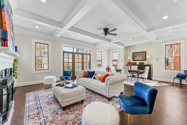 1214 Heights Blvd, Houston, TX 77008 - living area with beam ceiling, a fireplace, coffered ceiling, and french doors