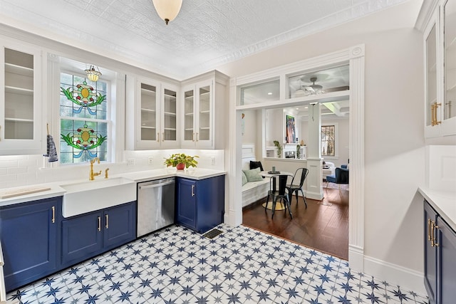 1214 Heights Blvd, Houston, TX 77008 - bar with baseboards, an ornate ceiling, a sink, dishwasher, and tasteful backsplash