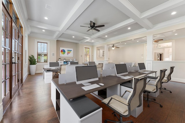 1214 Heights Blvd, Houston, TX 77008 - home office with beam ceiling, recessed lighting, coffered ceiling, and hardwood / wood-style floors