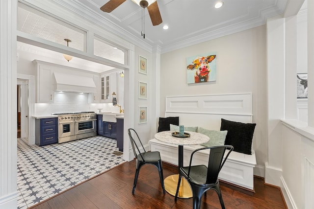 1214 Heights Blvd, Houston, TX 77008 - dining space featuring crown molding, baseboards, dark wood finished floors, breakfast area, and recessed lighting