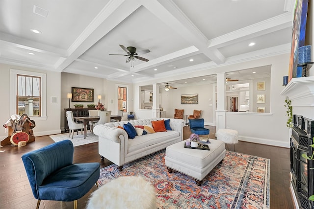 1214 Heights Blvd, Houston, TX 77008 - living room featuring beamed ceiling, coffered ceiling, dark wood-type flooring, and a glass covered fireplace