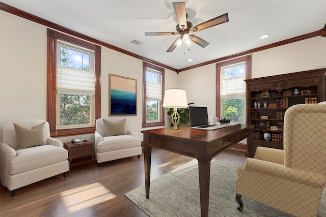 1214 Heights Blvd, Houston, TX 77008 - office area with visible vents, ornamental molding, a ceiling fan, wood finished floors, and recessed lighting