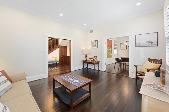 1214 Heights Blvd, Houston, TX 77008 - living area with visible vents, ornamental molding, stairs, and wood finished floors