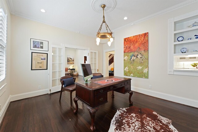 1214 Heights Blvd, Houston, TX 77008 - office featuring built in shelves, dark wood-style floors, and baseboards