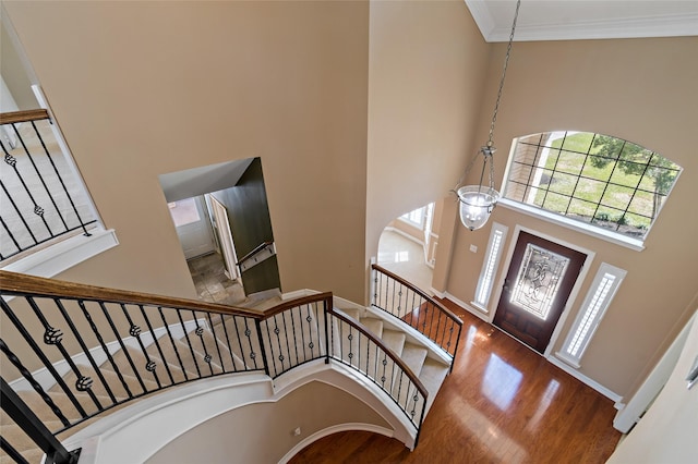 entrance foyer with an inviting chandelier, crown molding, wood finished floors, and a towering ceiling