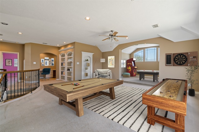 rec room with visible vents, billiards, recessed lighting, carpet flooring, and lofted ceiling