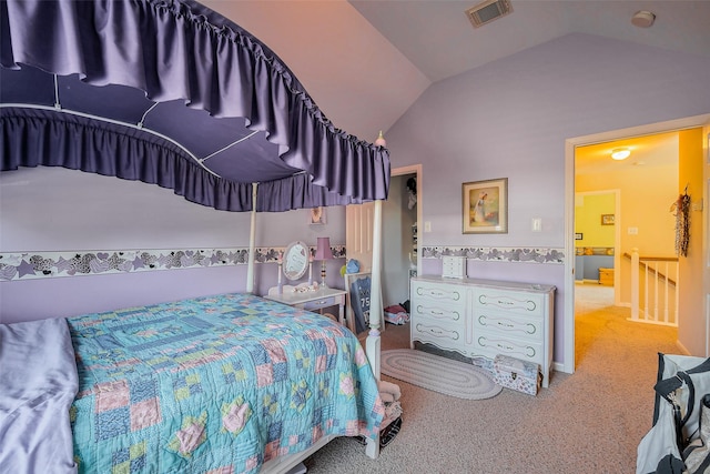 carpeted bedroom with visible vents and lofted ceiling