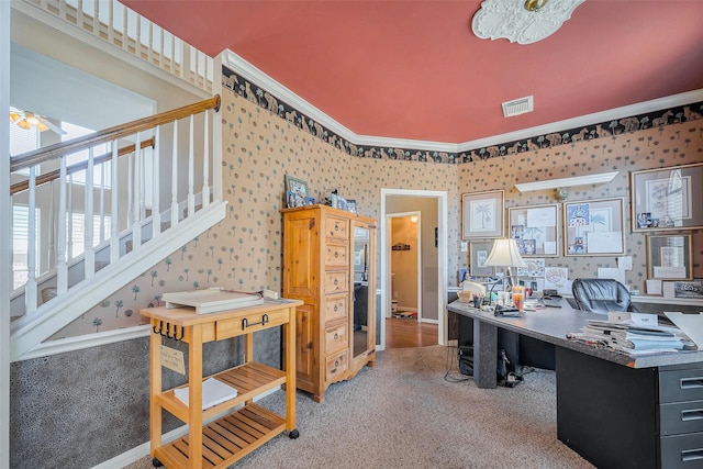 office space featuring visible vents, wallpapered walls, and crown molding