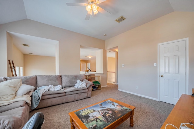 carpeted living room with a ceiling fan, vaulted ceiling, baseboards, and visible vents